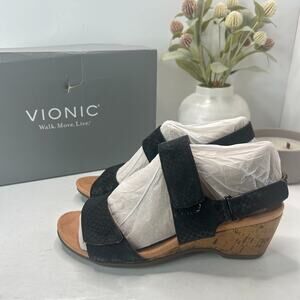 Vionic Kanya Snakeskin Embossed Slingback Cork Wedge Sandals Black Women 6.5 NWB